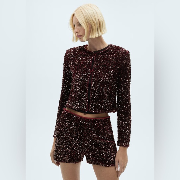 Mango Pants - Mango Burgundy Sequin Party Shorts Sparkle Festival Outfit | NWT Size XS